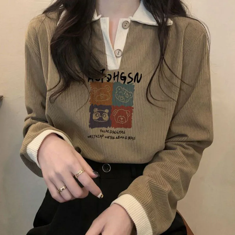 Fashion Lapel Printed Spliced Button Korean T-Shirt Female Clothing 2023 Autumn Winter Loose Casual Tops All-match Tee Shirt