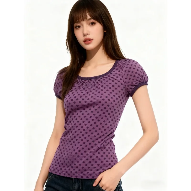 

American Retro Polka Dot Print T-shirt Sweet Slim Bubble Sleeve Tshirts Y2K Vintage Hollow Tees Women's Street Hottie Chic Tops