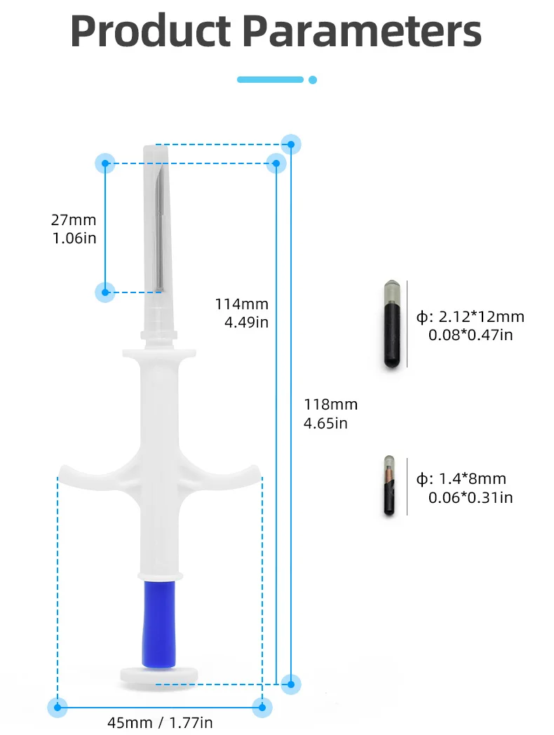 100pcs 2.12X12/1.4X8mm/1.25x7mm microchip+syring dog cat pic cow animal chip EM4305 134.2khz