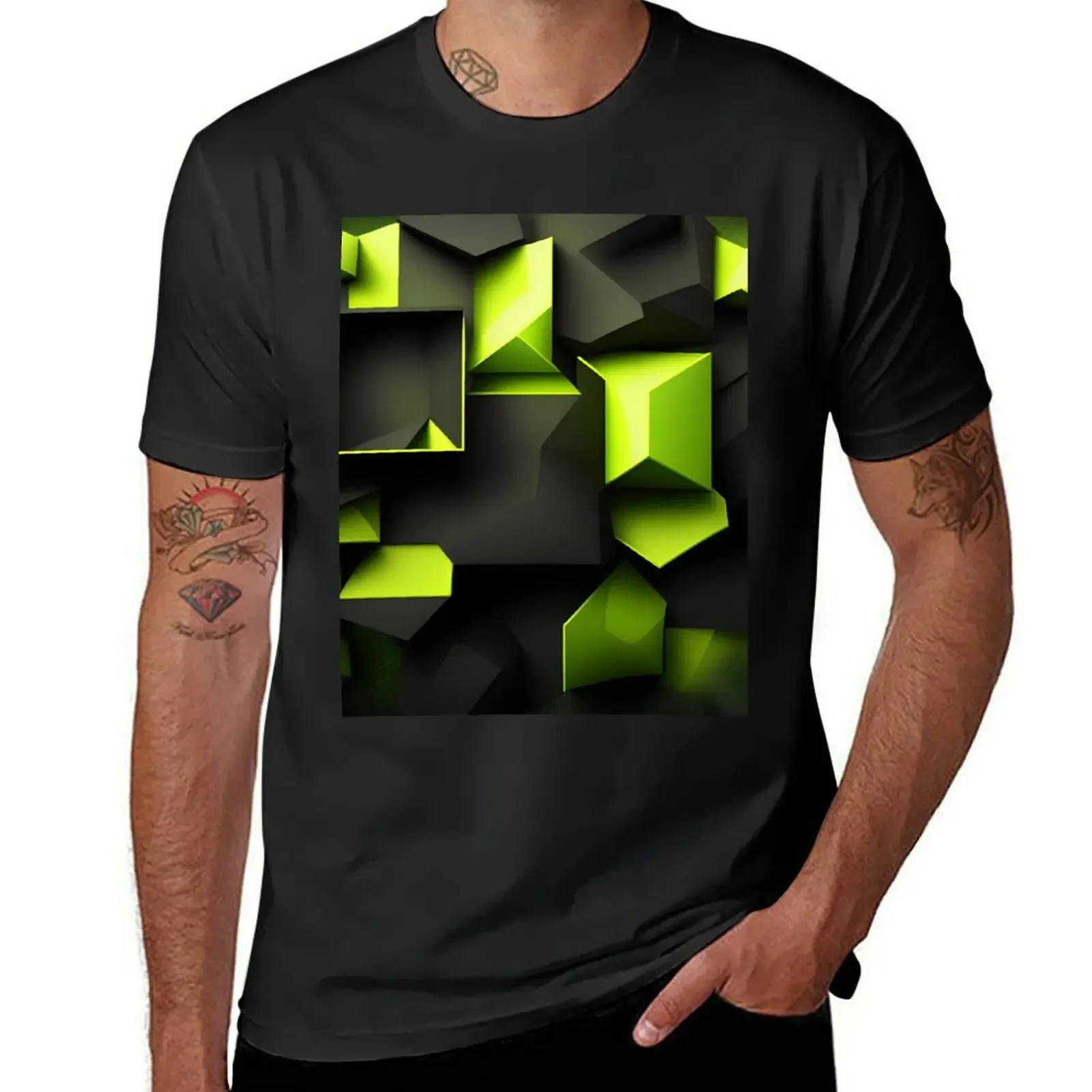 Blouse oversized workout shirts for men a green and black background with hexagonal shapes T-Shirt harajuku Crewneck Sweatshirt