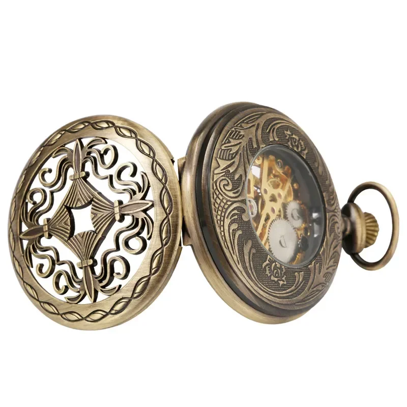 البرونزية خمر الجوف الصينية عقدة رجل إمرأة الميكانيكية اليد الرياح ساعة جيب Steampunk قلادة فوب سلسلة ساعة الهدايا Reloj