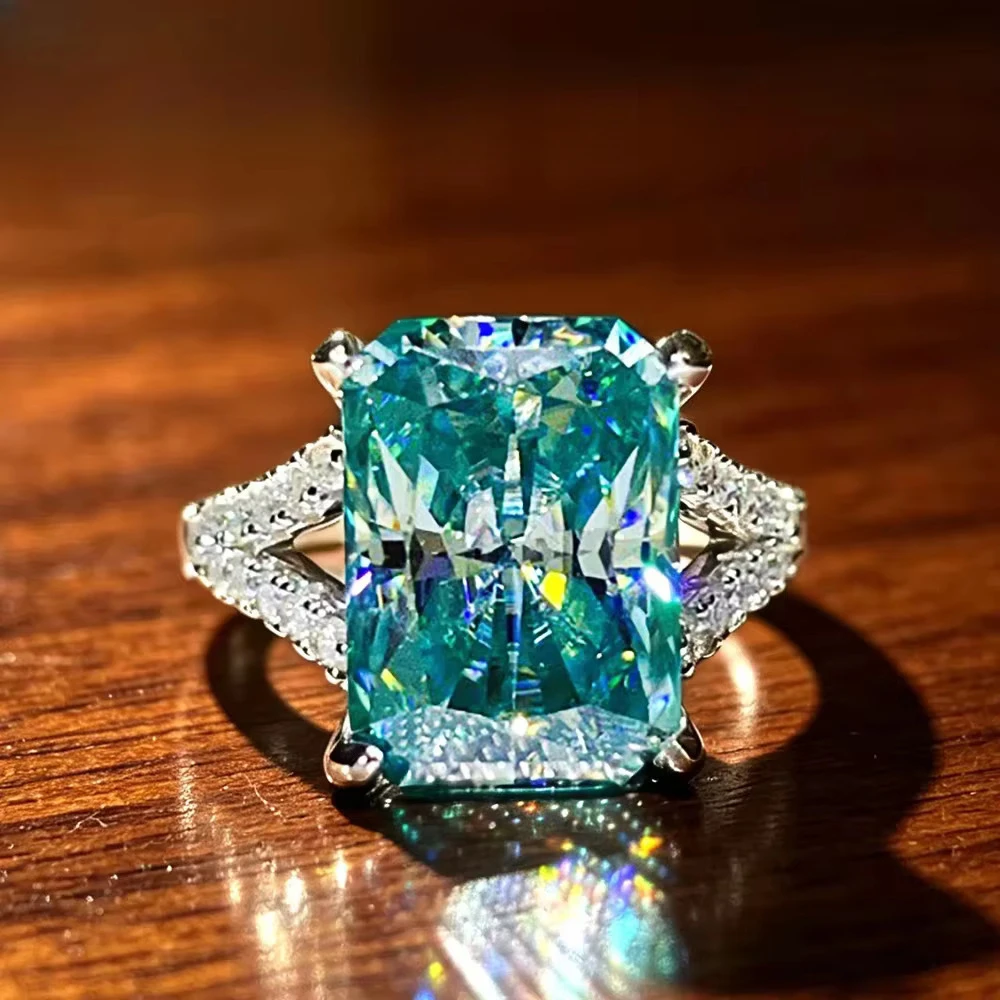 FCGJHW 10CT Radiant Aqua Blue Moissanite Rings S925 Sterling Silver Pave Split‑Shank Diamond Band For Women Men Jewelry 2026