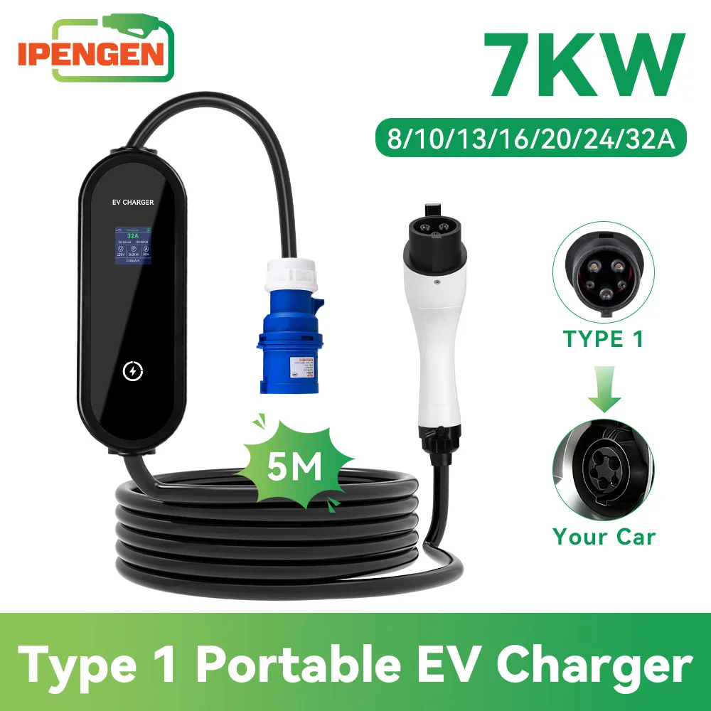 IPENGEN 7KW Portable EV Charger Type1 5M Cable 32A SAE J1772 CEE Plug EVSE Charging for Electric Vehicle Adjustable Current
