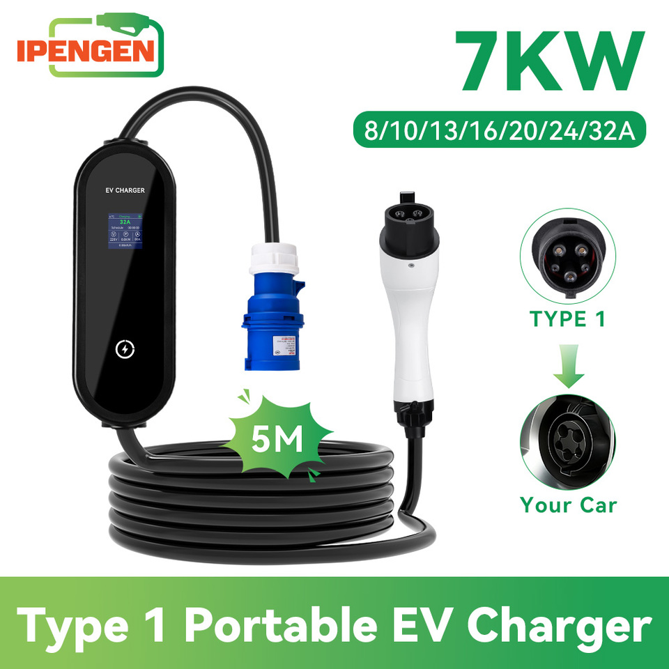  IPENGEN 7KW Portable EV Charger Type1 5M Cable 32A SAE J1772 CEE Plug EVSE Charging for Electric Vehicle Adjustable Current