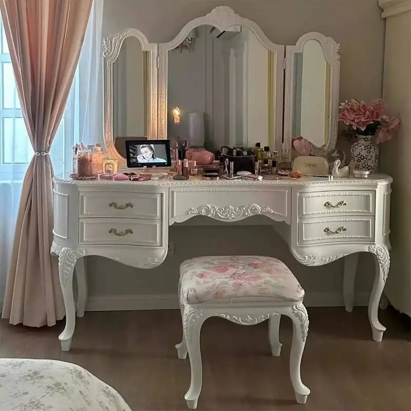 Wooden Luxury Vanity Table Dest European Hidden Glass Modern Dressing Table White Saving Makeup Tafel Furnitures For Bedroom