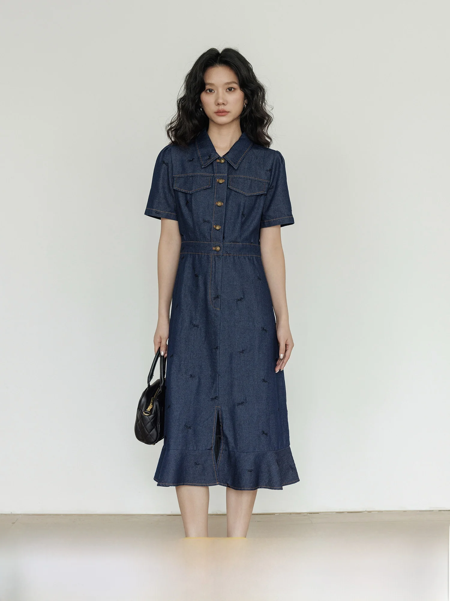 

Summer Short Sleeve Denim Shirt Dress Women Slimming Workwear Skirt Casual Commute Mid-Length Dress High Waist Cotton Blend