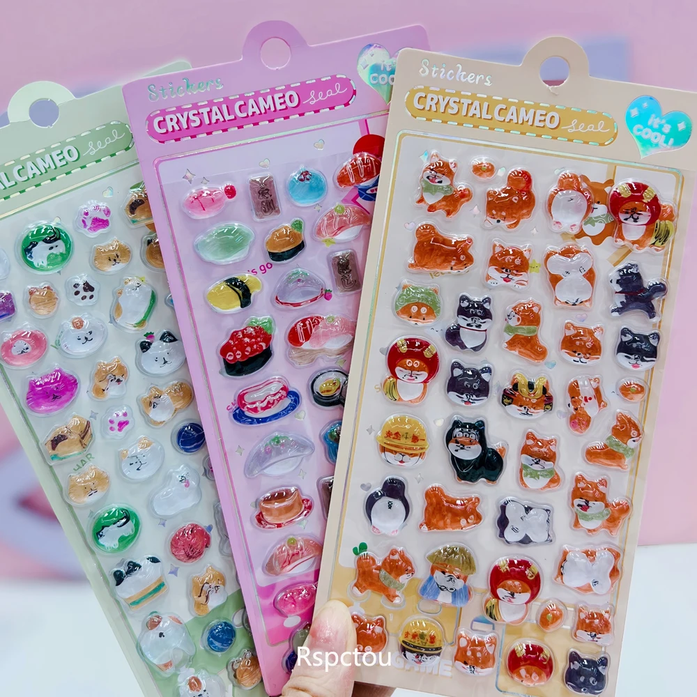 

12pcs Funny Cartoon Japanese Style 3D Crystal Relief Stickers Cute Cat Dog Food Decals Waterproof DIY Laptop Phone Sticker Decor