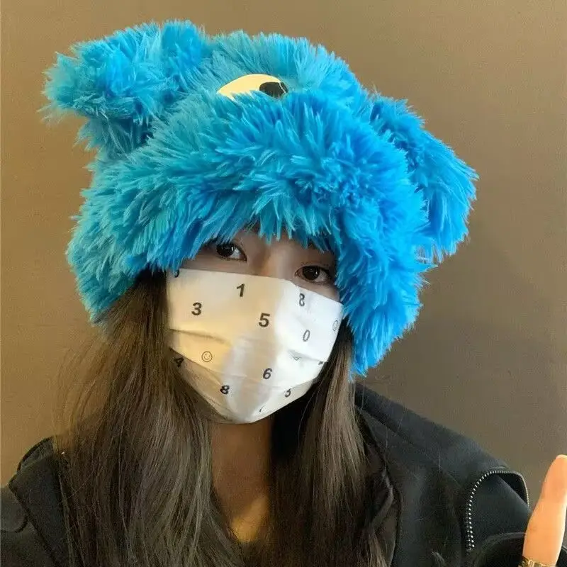 

Зимняя женская милая плюшевая шапка с большими глазами, милая и утолщенная теплая шапка для покупок, пуловер для защиты ушей