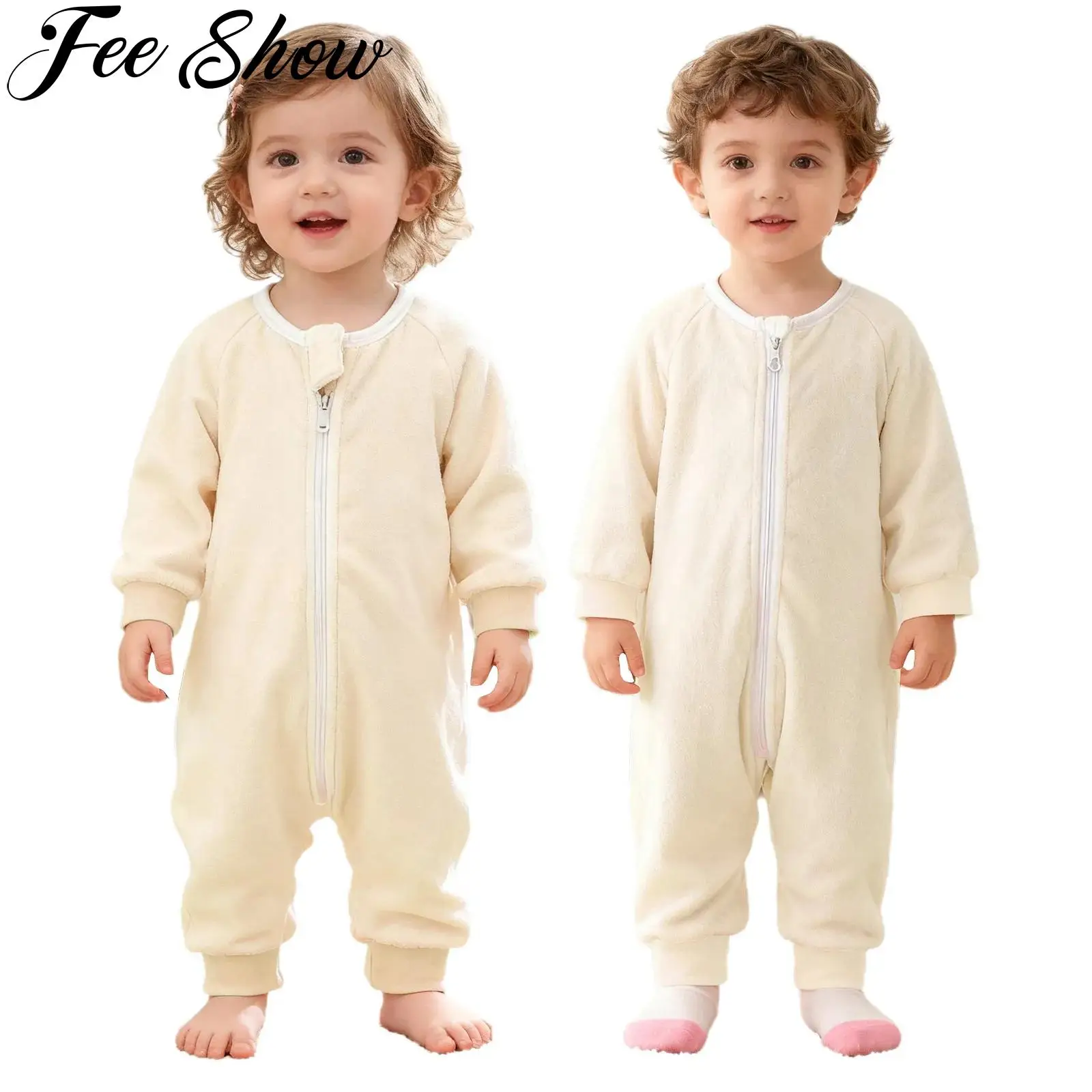 ملابس أطفال أولادي وبناتي رومبير من الفلانيل ملابس منزلية للخريف والشتاء بأكمام طويلة بلون سادة وسحاب بذلة ملابس نوم ملابس للاستلقاء