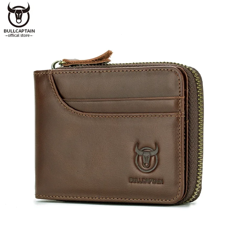 BULLCAPTAIN Men\'s Genuine Leather Wallet Business Casual Retro RFID Zipper Coin Purse Multi-Card Slot Cash Clip