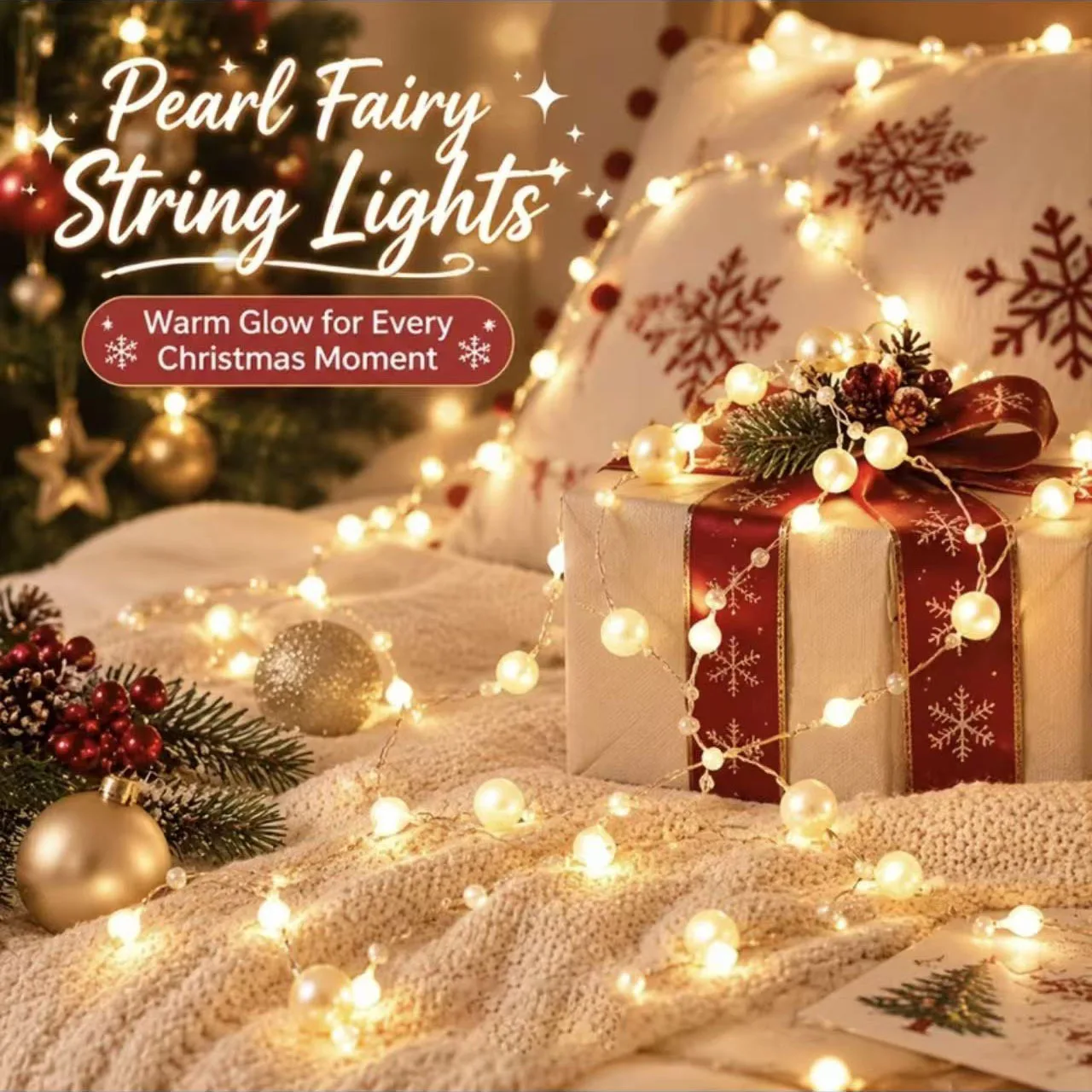 Red White Pearl LED String Lights Fairy Copper Wire Green Leaf Vine Battery Powered Home Wedding Christmas Holiday Decor Party