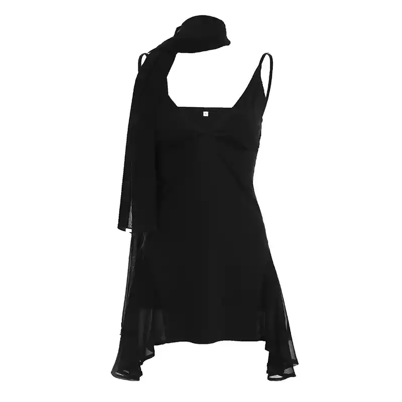 

Sexy Deep V-neck Scarf Suspender Dress Black Slim Irregular A-word Skirt