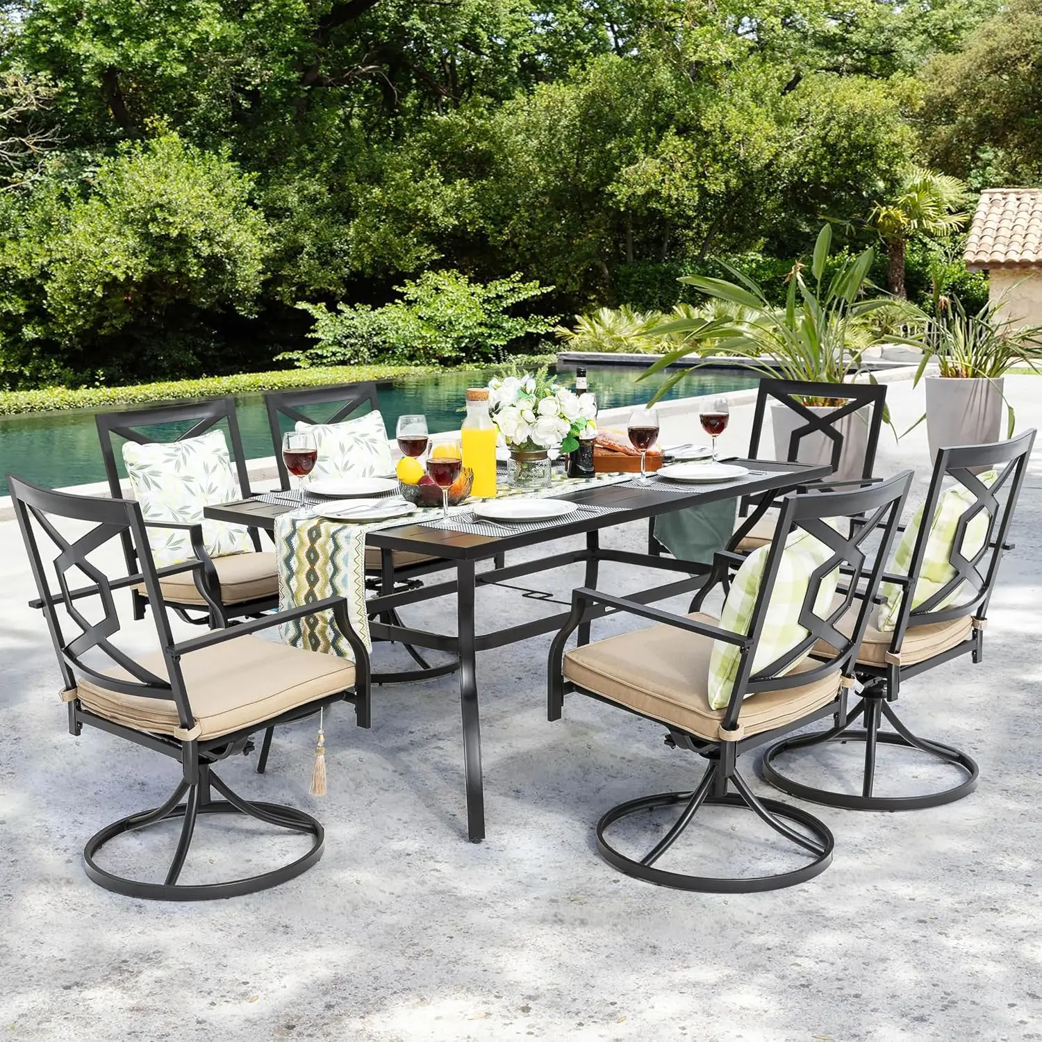 7-Piece Patio Dining Set 6 Swivel Rocker Chairs Padded Cushions 61