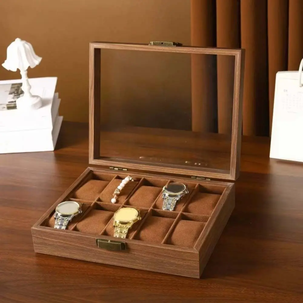 1/2/3/6/10/12 Slots Watch Storage Box Soft Watch Pillow Transparent Glass Watch Display Box Retro Walnut Wood
