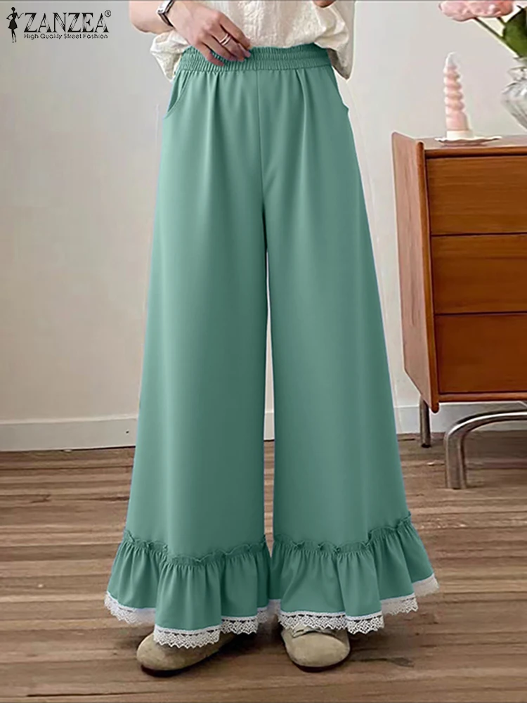 

Fashion Lace Pantchwork Wide Leg Pants 2025 Women Elastic Waist Trousers Solid Casual Loose Ruffled Pleated Flare Pants ZANZEA