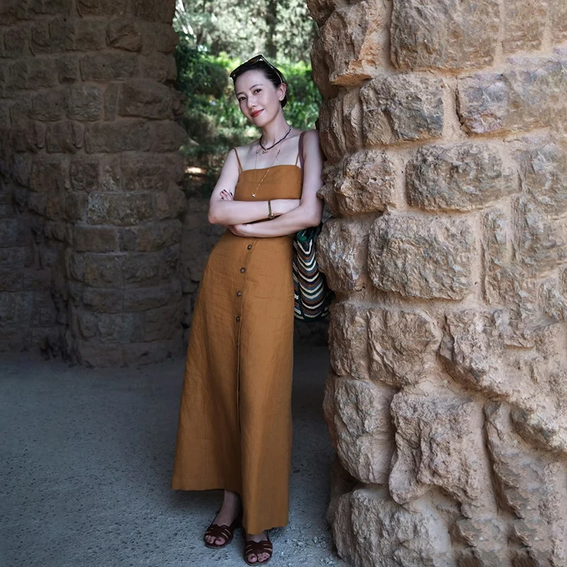 

Chic Casual Yellow Linen Blend Holiday Style Top with Short Strap And Simple Half Skirt Long Skirt Fashion Set for Women
