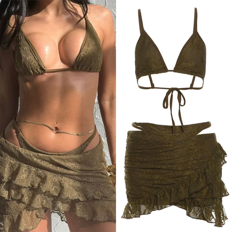 

Sexy Women Bikini Beach Set 2 Piece Set 2024 Y2k New Beach Vacation Solid Bandage Bra Bikini Low Waist Mini Club Skirt Swimwear