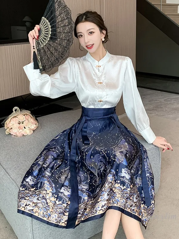 Daily Commuting Horse-Face Skirt Suit Women\'s 2024 Spring and Summer Outfits Two Piece Set New Chinese Style Blouse Hanfu Skirt