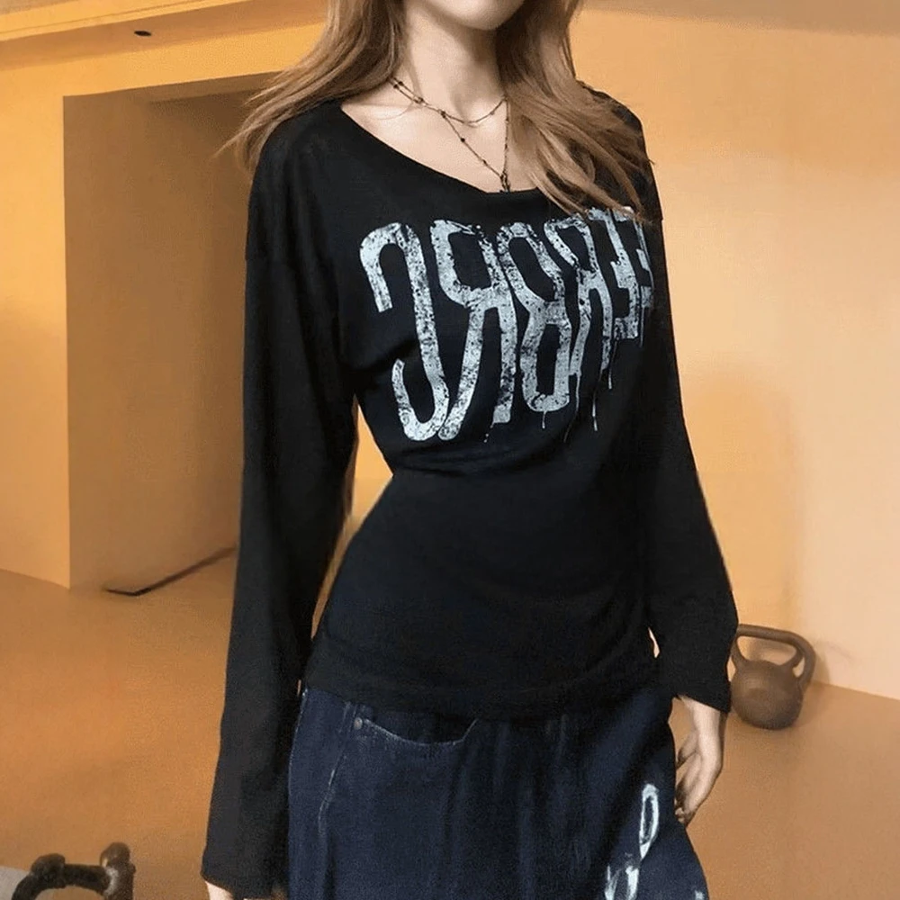 

UNIKTEE женская футболка с длинным рукавом осень-зима K-мода с буквенным принтом и круглым вырезом стандартной посадкой повседневная одежда