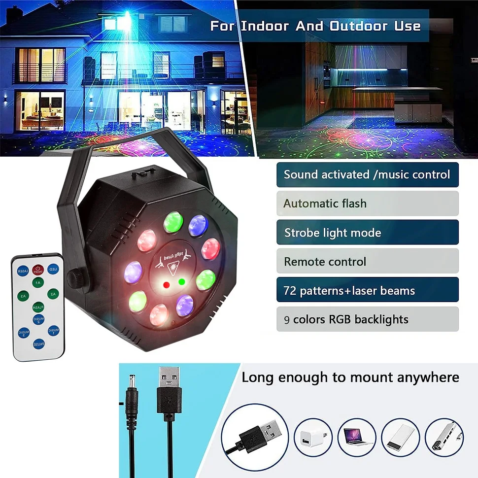 RGB ديسكو نمط شعاع المرحلة ضوء الليزر العرض ، ستروب 9LED ، حفلة عيد الميلاد ، عطلة ، زينة الزفاف