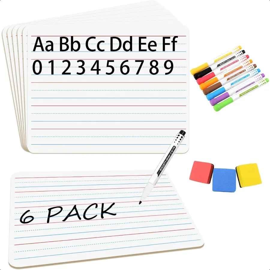 

Double Sided Dry Erase Boards Lined6Pack 9 x 12 Inch Whiteboards Set Including Lap Board with Colors Pens White Boards Eraser f