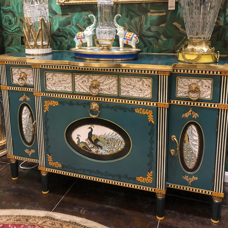 French neoclassical peacock plume hand-painted peacock green porch cabinet French retro living room locker furniture