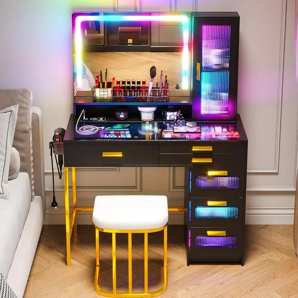 Vanity with Mirror and LED Lights, Glass Top Vanity Desk with Charging Station, Makeup Table Set with Stool Makeup Organizer