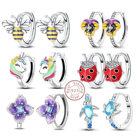 S925 Sterling Silver Colorful Butterfly Bee Ladybug Flower Rainbow Hoop Earrings Fashion Buckle For Women Birthday Party Jewelry