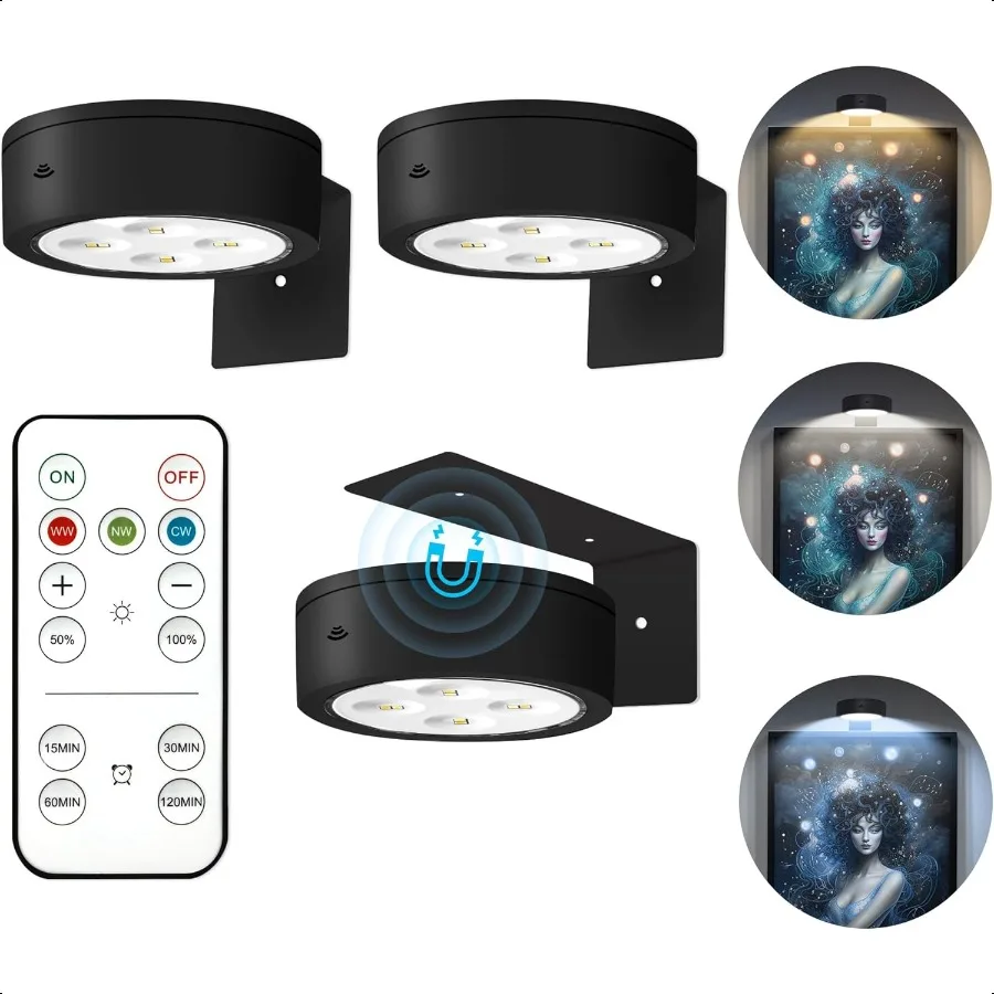 

3Pcs Picture Lights for Wall Battery Operated Magnetic Led Painting Light with Remote Dimmable and Timer 3 Lighting Modes Art D