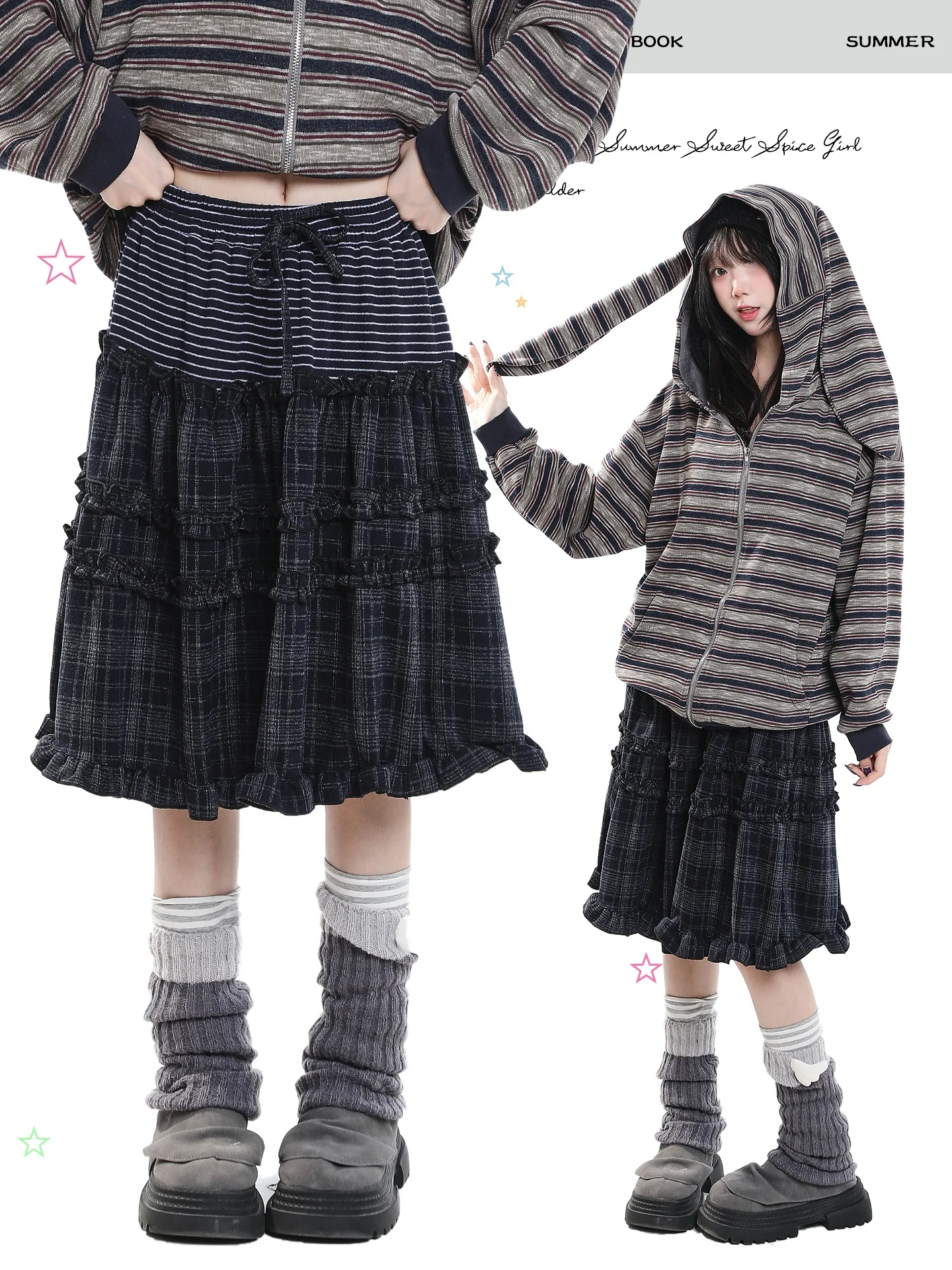 Casual High Waist Elastic Waist Multi-Layer Cake Skirt Women's Autumn 2026 Wood Grain Ruffle Half Skirt College Style