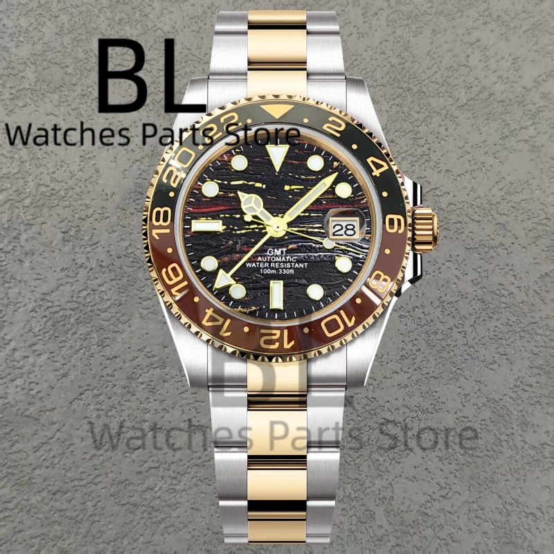 BLIGER marca superior de lujo 40MM reloj automático de oro completo cristal de zafiro impermeable patrón de ojo de tigre doble extremo enlace Braclelet