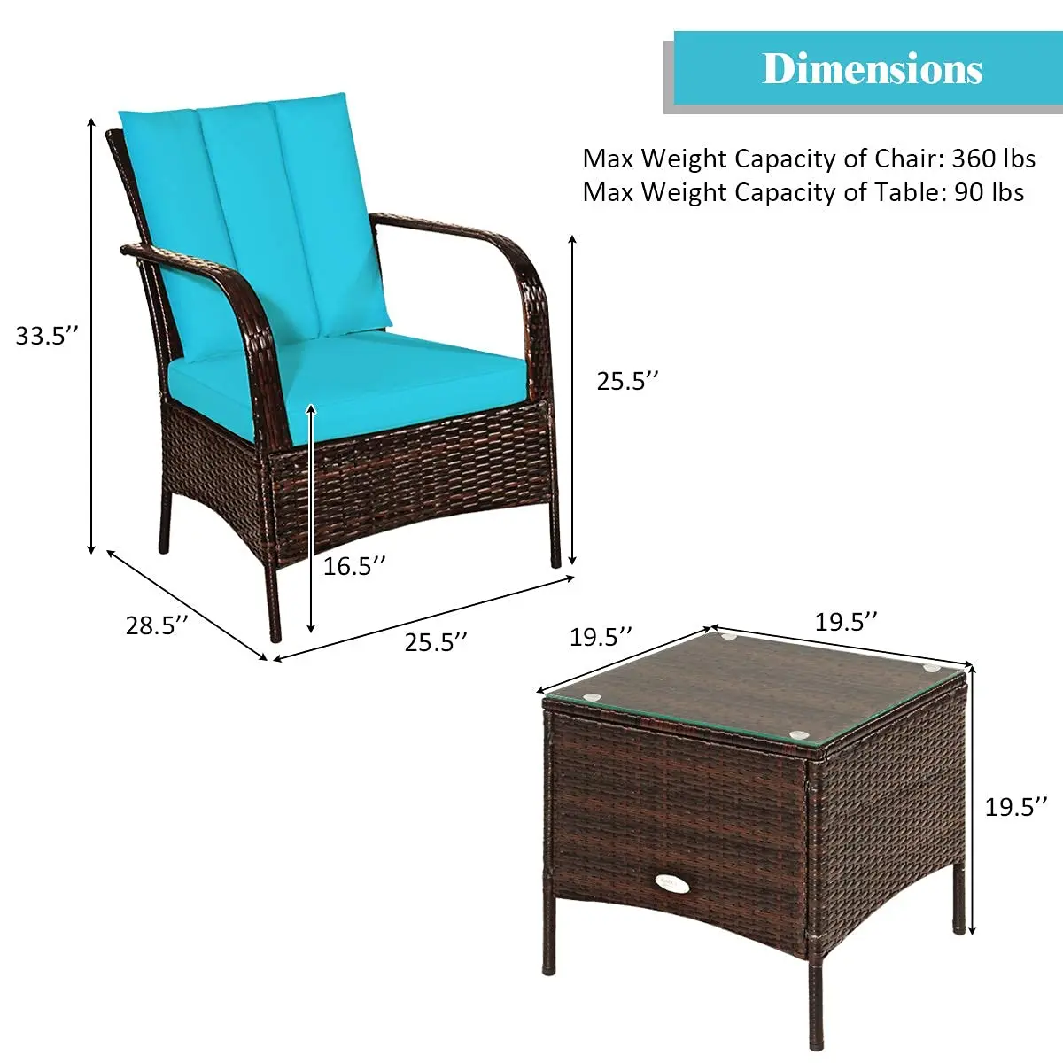 3 Piece Patio Furniture Set, 2 Wicker Chairs with Glass Top Coffee Table, Outdoor Garden Porch Poolside Furniture, Customized