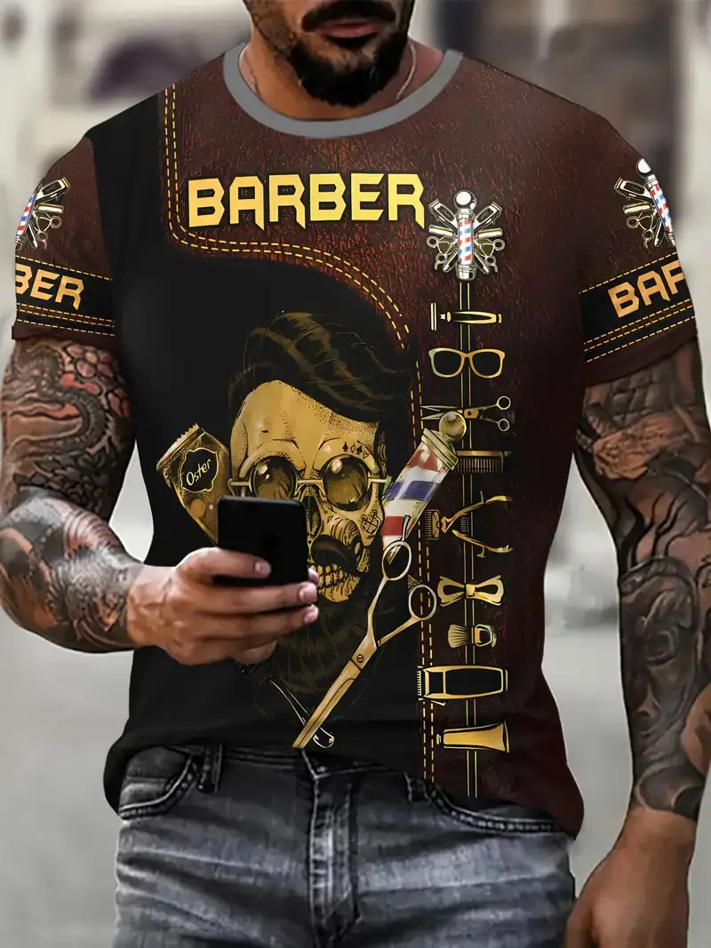Men's Barber Shop Work Uniform Hairdresser T-shirt 3D Print Men Women Personality Short Sleeve Tees Oversized Streetwear Y2k Top