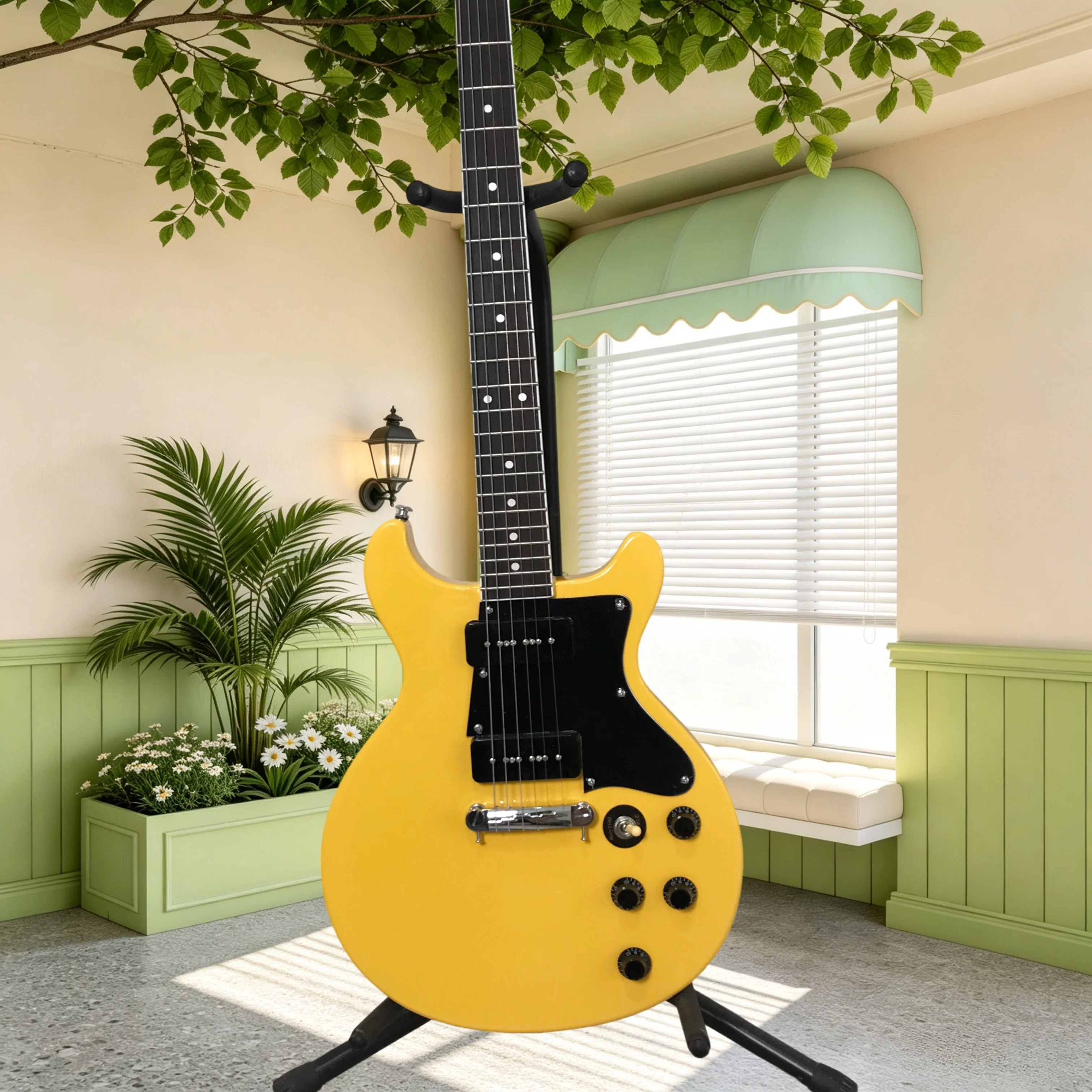 Stu Double Cut Electric Guitar Mahogany Body Dual P90 Pickups Gloss Yellow Rock Blues Band Rehearsal Recording Performance