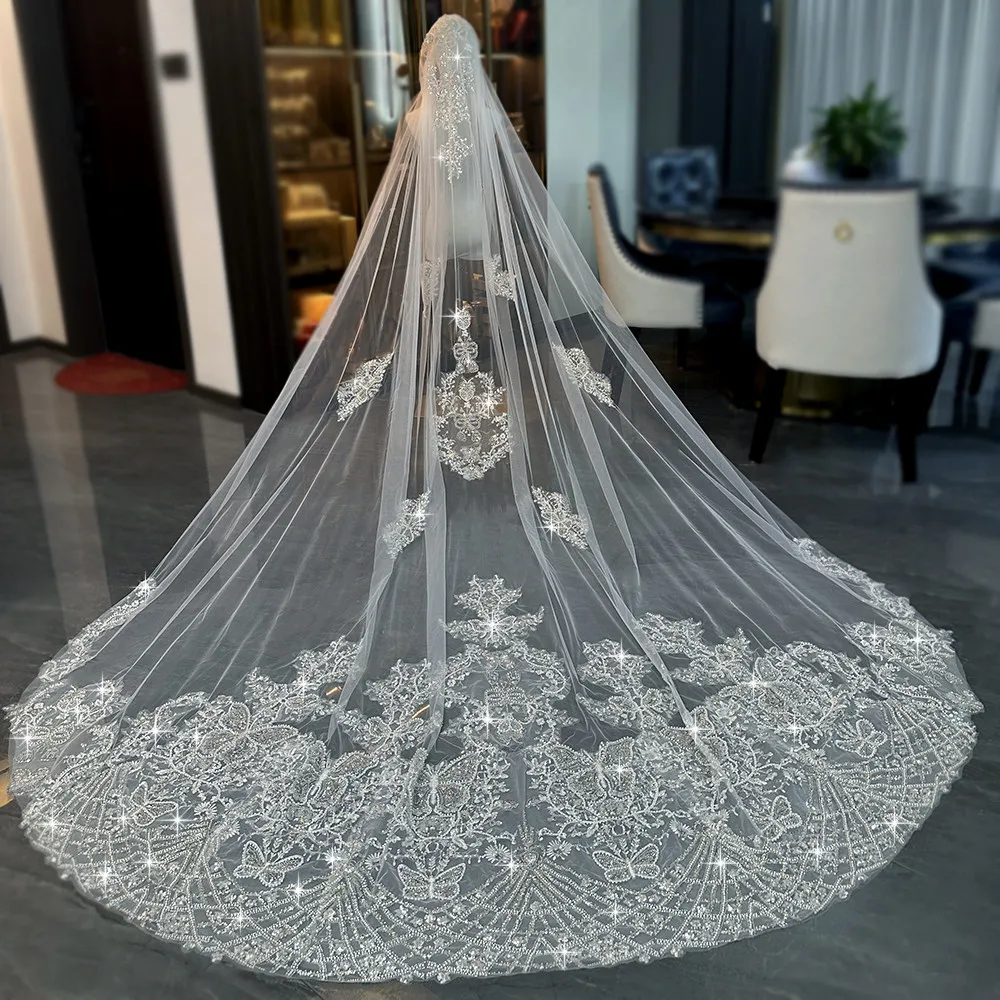 Exquisite 3.5m Long Wedding Veil Mantilla Bridal Veil with Comb Sparkling Beading Sequins Ivory Real Picture L&P DQL Studio