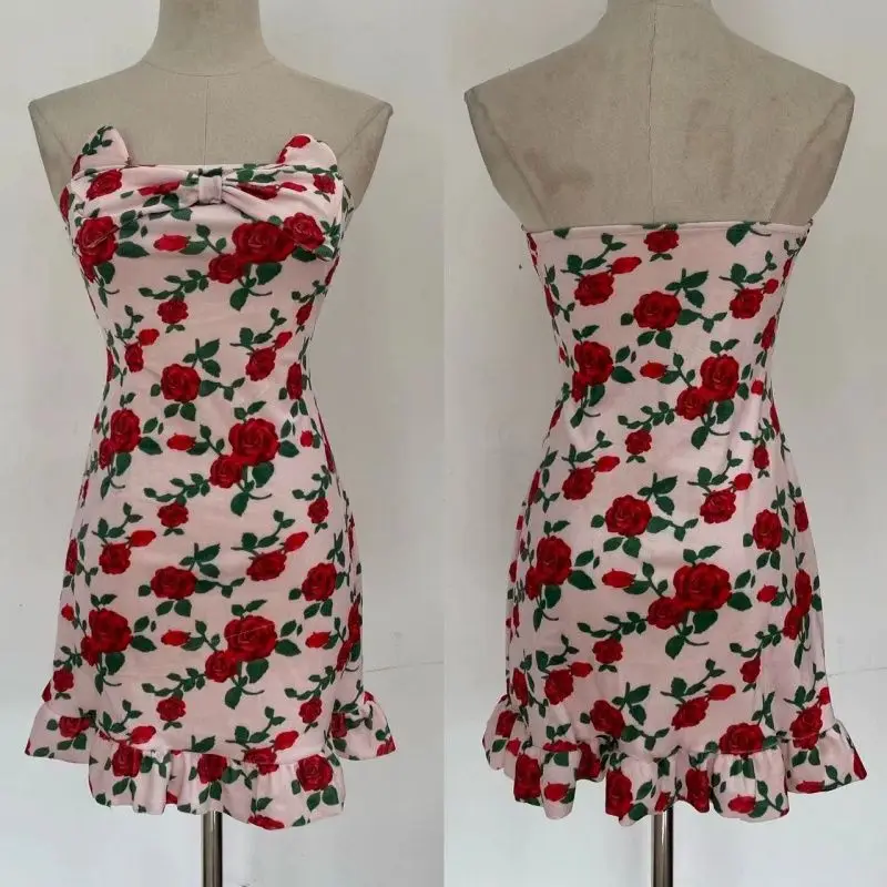 Nieuwe stijl slanke roos bedrukte heuprok voor dames Pure en stijlvolle slanke ruches splitsjurk