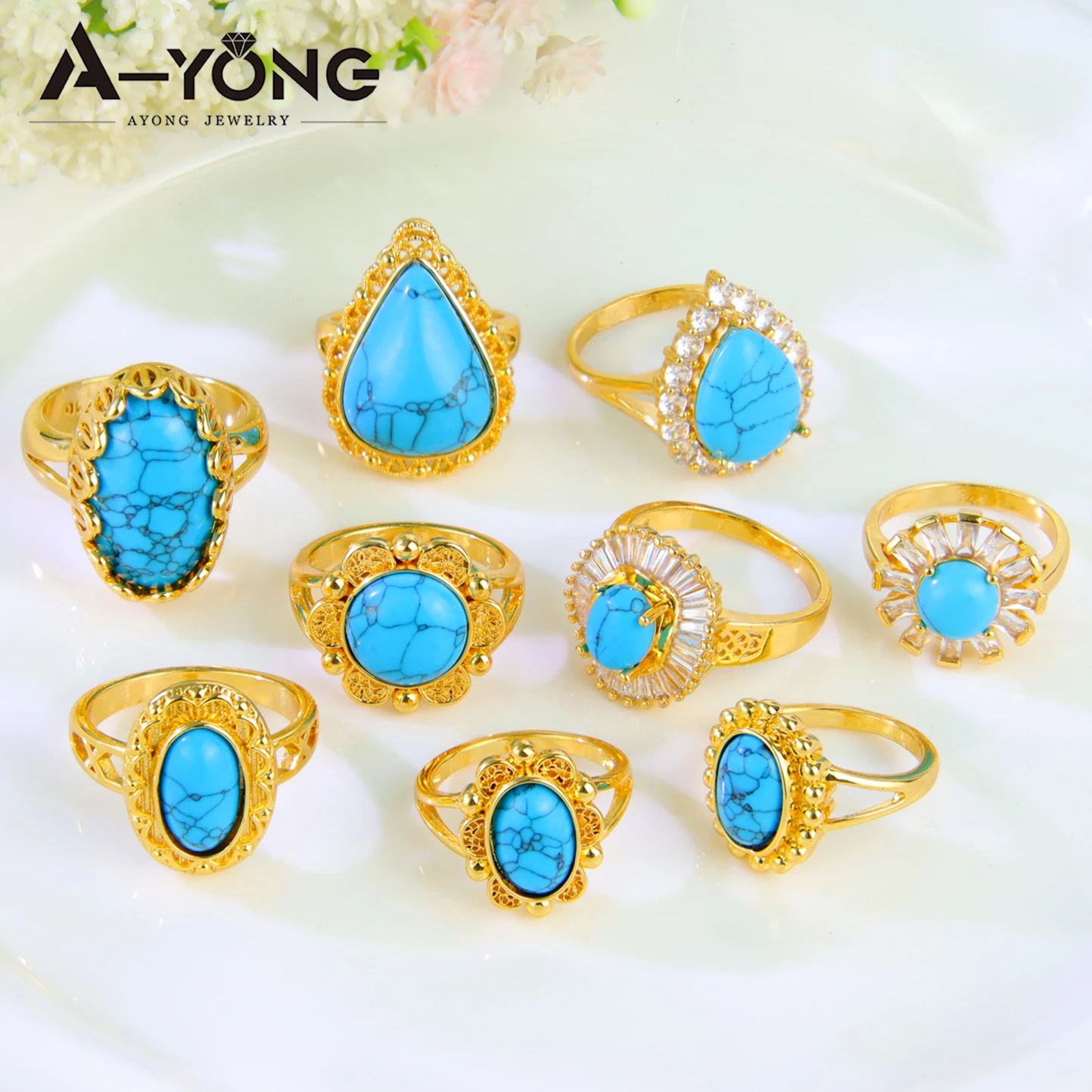 Luxury Turquoise Gold Color Rings 21k Gold Plated Vintage Arab Elegant Cocktail Ring Italian Dubai Women Party Jewelry Gift