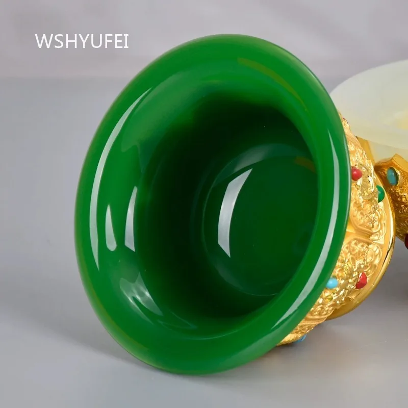 Tibetan Style Altar Offering Bowl with Carved Metal Base and Colorful Gem Inlays Faux Jade Inner Cup for Home Temple Decor