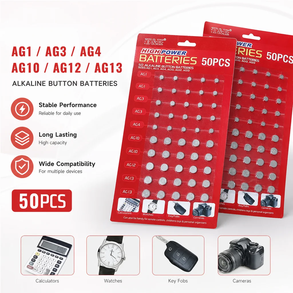 50PCS LR44 AG13 1.55V Button Cell Batteries A76 SR44 LR1154 GP76 Coin Battery for Watch Toys Remote Control