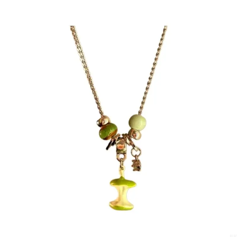 91AF Green Charm Necklace With Bead Detail, Adjustable 40+5 Collarbone Chain, Alloy Pendant Jewelry for Commute Looks