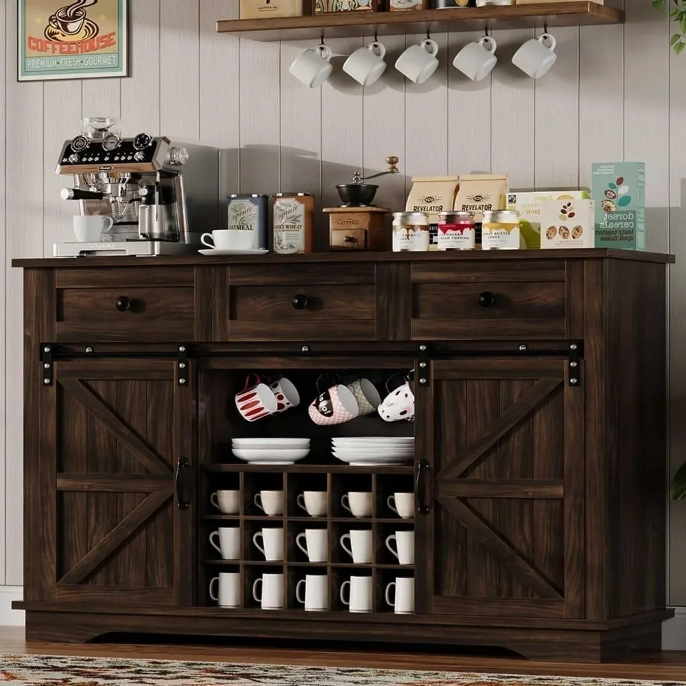 

Farmhouse Coffee Bar Cabinet with Sliding Barn Door, Wine Bar Cabinet with Storage, 54 Inch Coffee Bar with 3 Drawers