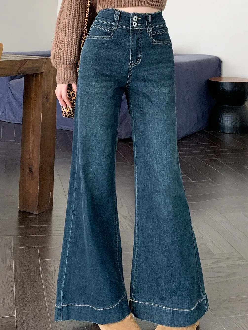High Waist Hong Kong Style Retro Blue Jeans Women's Loose Wide Leg Pants Long Trousers Spring Autumn New Arrival Micro Flared