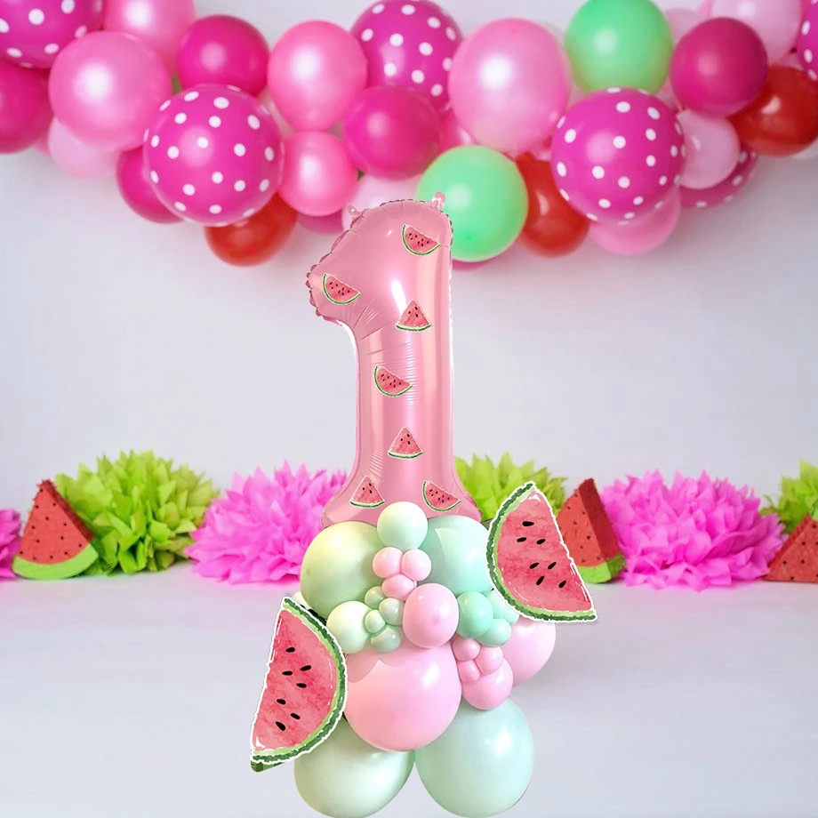 39pcs Watermelon Balloon Tower 32inch Pink Number Balloon for Kids Watermelon Birthday Party Decoration Summer Party DIY Gifts