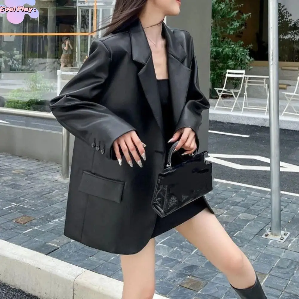 

Кожаная куртка с воротником с лацканами, женская верхняя одежда, корейские шикарные винтажные пальто из искусственной кожи, свободные ветровки в стиле ретро, куртки осень/зима