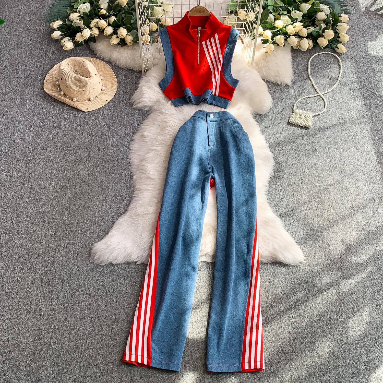 

Women Half-neck Sleeveless Design Denim Patched Stripes Short Blouse + High-Waist Slimming Wide Leg Pants Set
