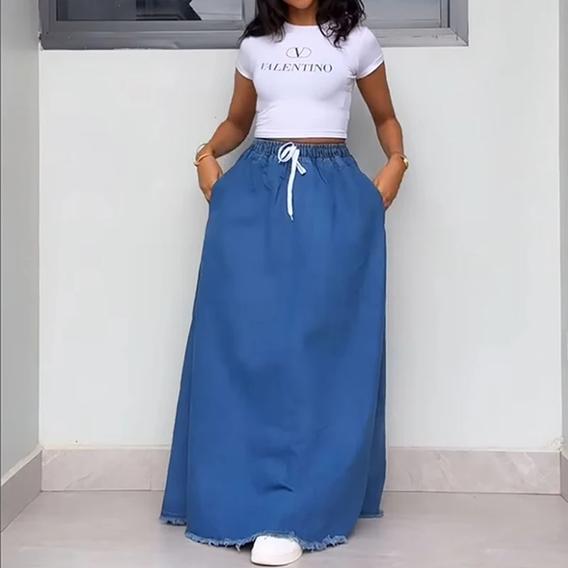 BKLD Women's Fashion Washed Solid Color Loose Fit Drawstring High Waist Pockets Cowboy Skirt Denim Half Skirts Casual Streetwear
