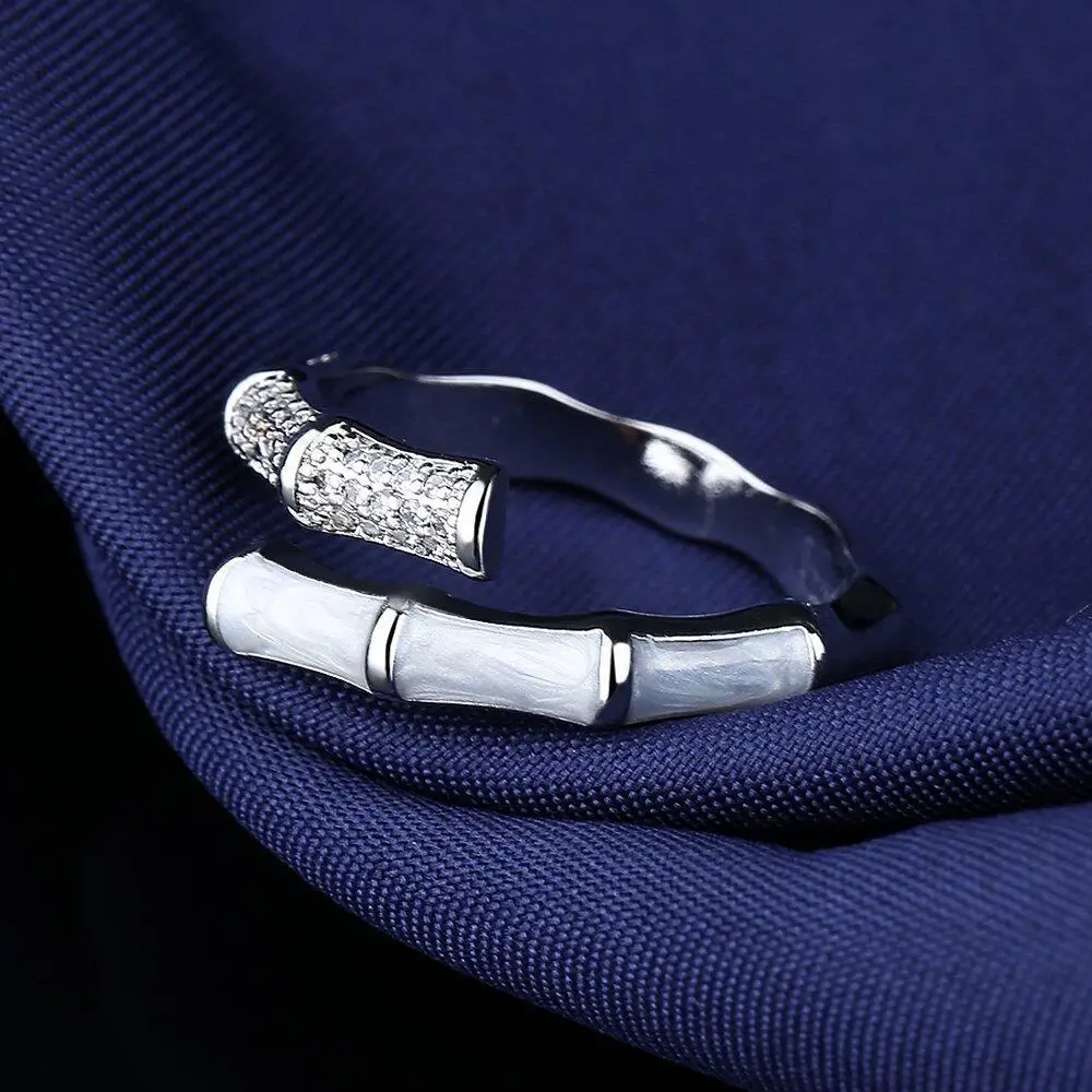 Fashion 925 sterling silver new inlaid AAAAA zircon high-grade mother-of-pearl temperament bamboo ring female adjustable ring