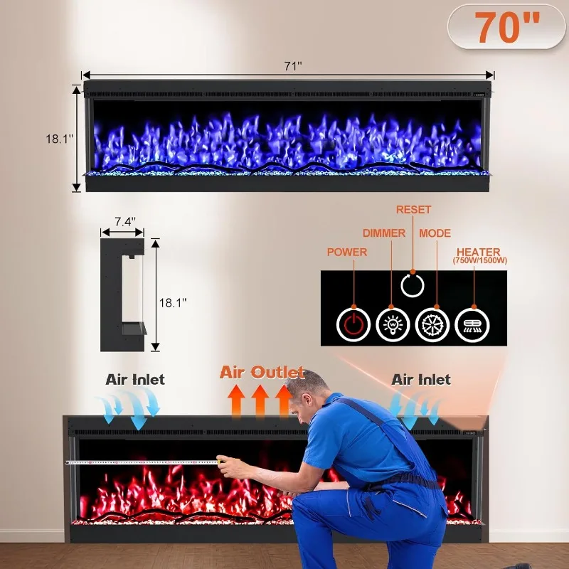 3 Sided Electric Fireplace Inserts, 70 inch Eletric Fire Place Heater, Modern Built in Wall Fireplace with Realistic Led Flame