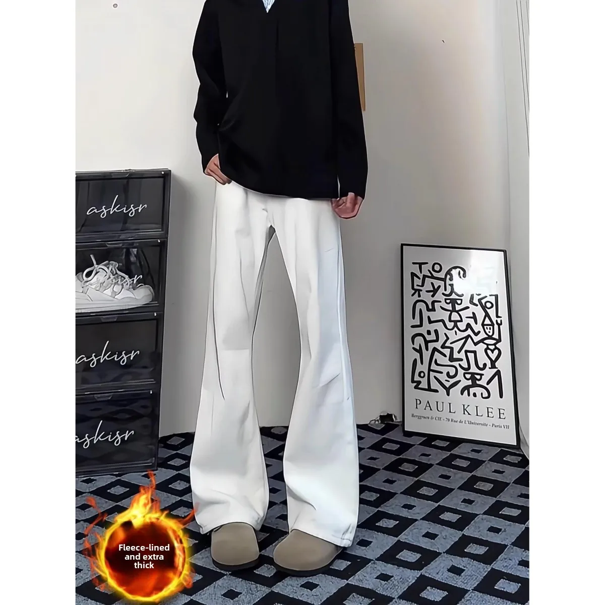 

Thiened Fce Lined Bell Bot Jeans for Men Street Sle Cleanfit American High Waist Trousers Winter Collection