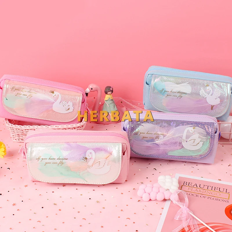 Multi-function pen bag simple handcuffs large capacity pencil bag girl feather swan pencio case stationery CL-19202